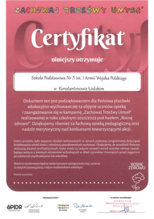 Certyfikat programu Zachowaj Trzeźwy Umysł