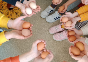 Uczniowie pokazują kurze jaja
