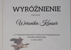 Dyplom- wyróznienie dla Weroniki Konsur