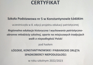 Certyfikat za udział w projekcie