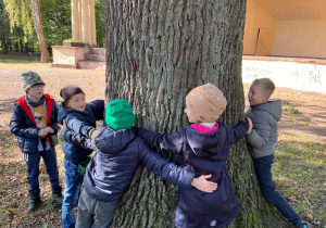 Uczniowie obejmują drzewo.