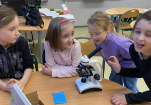 Uczniowie oglądają preparaty pod mikroskopem.4