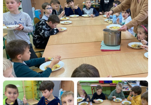 Uczniowie przy wspólnym stole jedzą ugotowaną zupę.