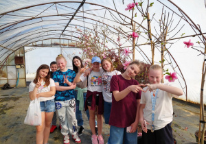 uczniowie oglądają rośliny w tunelu foliowym