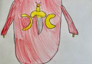 Rysunek - czerwony stworek z herbem miasta