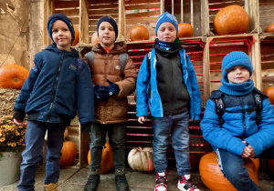 chłopcy na tle dekoracji z dyń