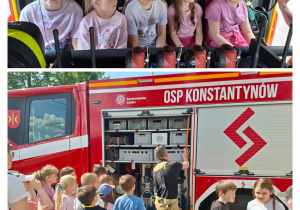 dzieci siedzą w wozie straży pożarnej i ogladają wyposazenie