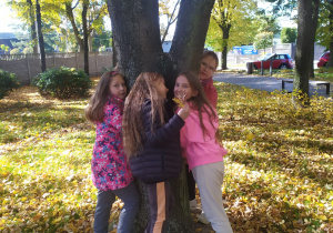Dziewczynki przytulają się do drzewa